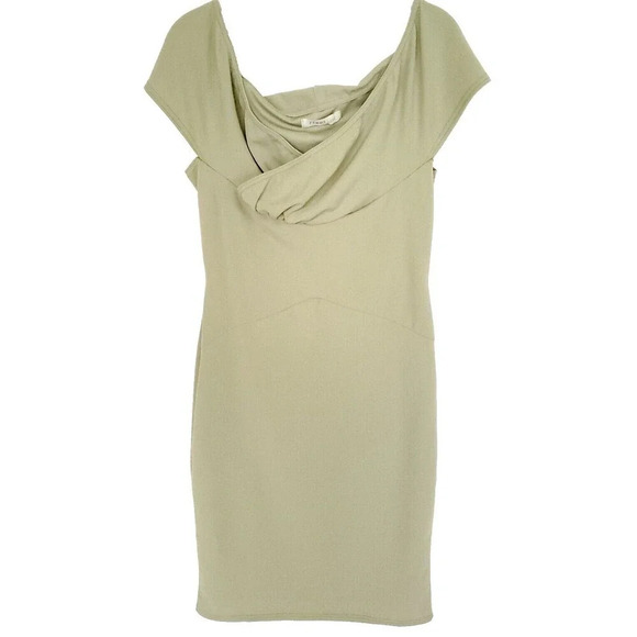Femme Luxe Dress Womens Size 12/L Beige/Green Bodycon Mini Slinky Off Shoulder - Picture 1 of 14